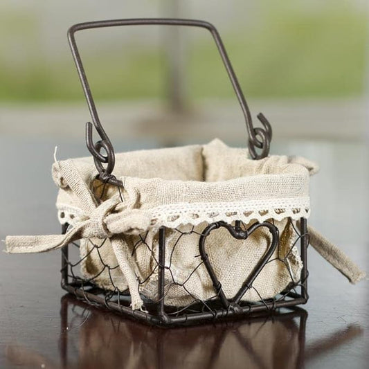 Factory Direct Craft Brown Chicken Wire Basket with Natural Linen Liner and Heart Accent. Use The Small Basket in Cottage, Coastal or Farmhouse Style Home Decorating.