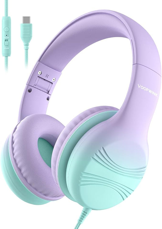 USB Type C Kids Headphones, Wired Headphones for Kids with Microphone 85/94dB Volume Limit, Stereo Sound Portable Over Ear Headphones for School/Travel/Tablet/iPad, Green Violet
