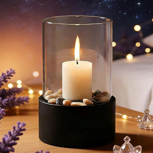 EastFlame Tabletop Hurricane Candleholder with Decorative Stones - Suitable for Dia 2.5" and Below Pillar Candles and Scented Candles, Gift for Dinner Table Centerpiece & Housewareming Gift