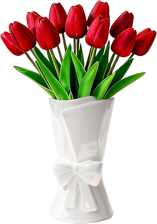 Fully Glazed White Ceramic Bow Vase 9.64 in Unique Cute Modern Decorative Bouquet Flower Vases for Home Living Room Table Valentine's Day Decor Women Girl Gifts