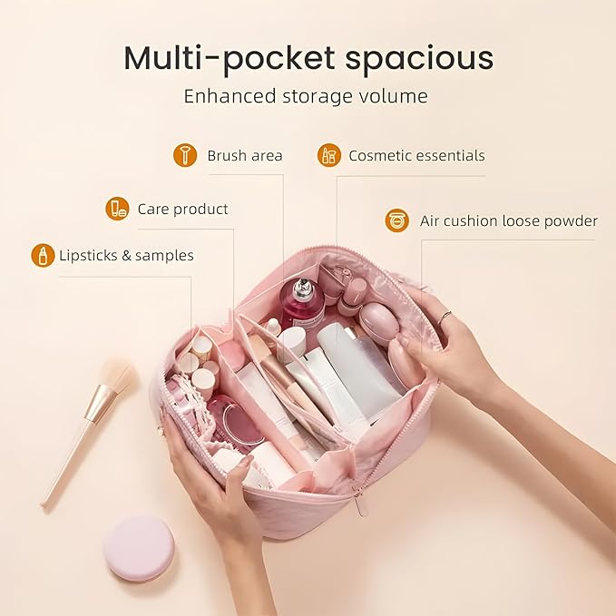 Amposei Makeup Bag Travel Toiletry Bag,Travel Makeup Bag for Women, Puffer Waterproof Cosmetic Organizer, Large Capacity Pouch Open Flat Small Toiletry Bag with Brush Compartment & Handle (Black)
