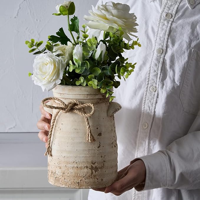 SIDUCAL Ceramic Decorative Flower Vase, 8 Inch Rustic Distressed Pottery Decorative Flower Vase for Home Decor, Ideal Shelf, Bookshelf, Mantle, Entryway, Living Room, Table Decor