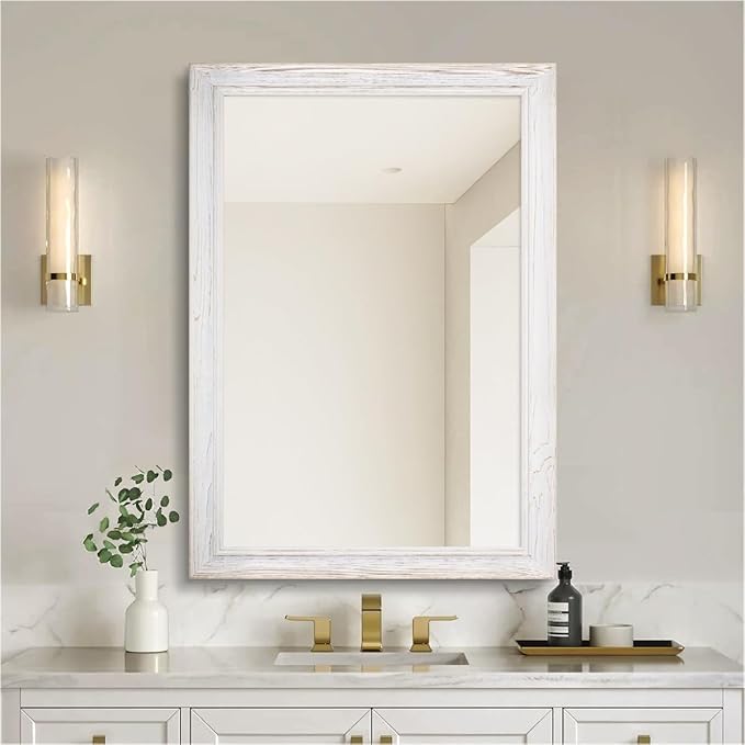 24 x 36 Rustic Wooden Framed Wall Mirror for Bathroom, White Wood with Orange Grain Vanity Rectangle Mirror for Over Sink, Waterproof, Decor Living Room, Bedroom, Entryway, Horizontal/Vertical