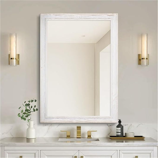 30 x 36 Rustic Wooden Framed Wall Mirror for Bathroom, White Wood with Orange Grain Vanity Rectangle Mirror for Over Sink, Waterproof, Decor Living Room, Bedroom, Entryway, Horizontal/Vertical