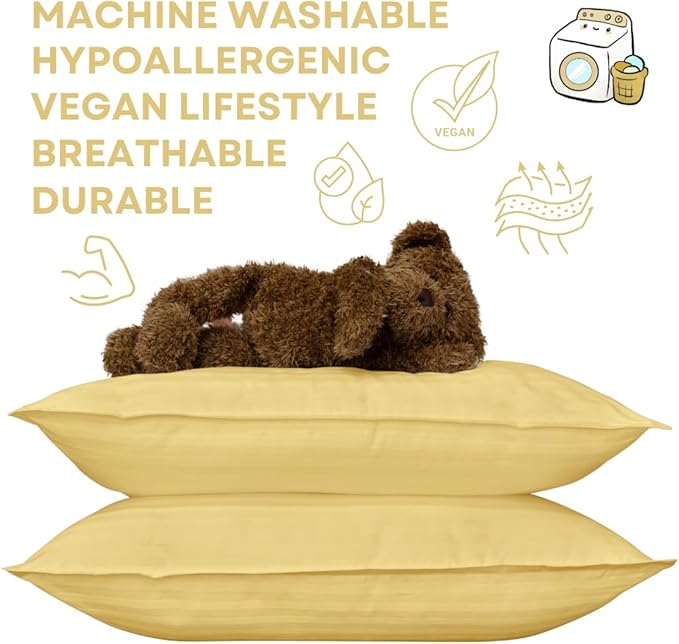 kinder Fluff Toddler Pillow (2Pack) 10x15in - First Pillow for Kids Age 2+, 100% Cotton Sateen Stripes Shell 300T, Down Alternative Fill, Machine Washable - Children & Travel Cushion - Yellow - XS