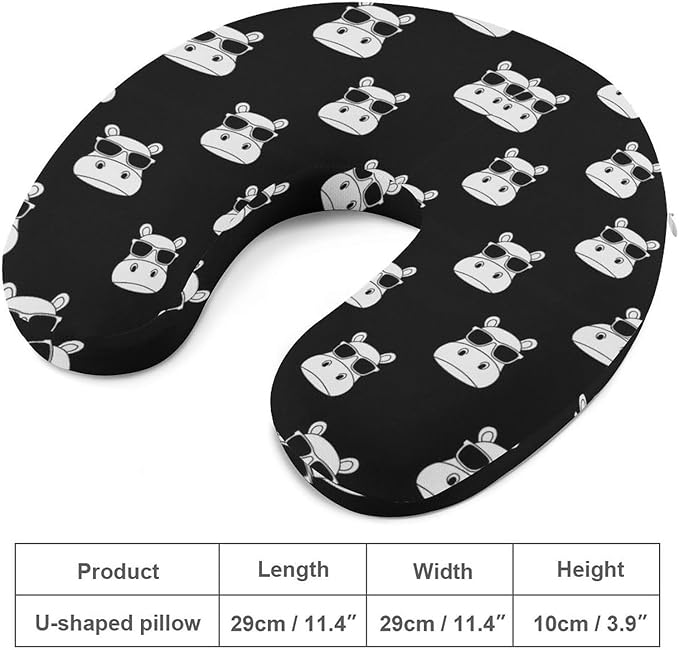 Youth Travel Neck Pillow Soft Memory Foam Chin Support Hippo Hippopotamus Wearing Sunglasses, Washable Cover for Boys Girls Airplane Car School Rest