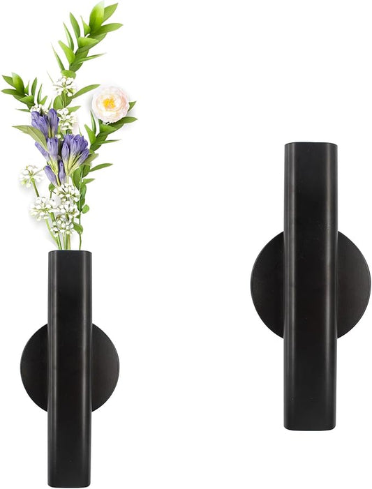 6.3" Wall-Mounted Flower Tube, Top/Bottom Open Vase, Adhesive Metal Flower Open Tube Decoration Holder for Flower Display, Home Office Living Room Bedroom Decoration, 2pcs(Black)