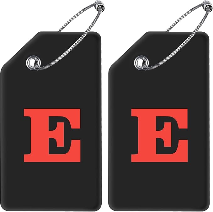 Gostwo 2 Pack Silicone Luggage Tags for Suitcases, 26 Initial Letter Baggage Labels Handbag School Bag Suitcase Instrument Tag with Stainless Steel Loop(Black)(Letter E)