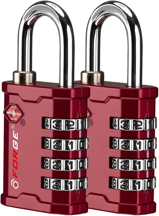 FORGE 4 Digit TSA Approved Combination Lock, Tool Box and Case Lock, Combination Padlock for Travel, Gym, Home. Red 2 Locks.