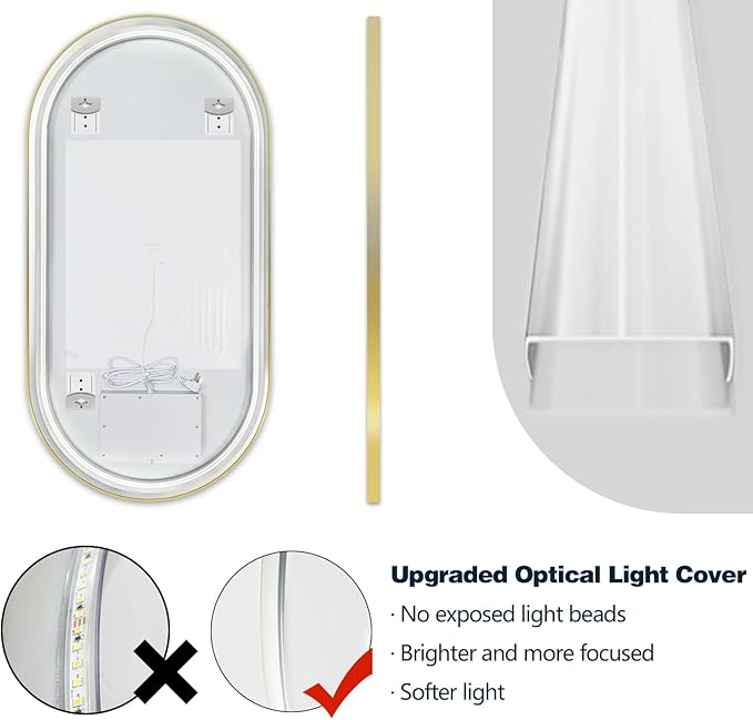 Niccy Oval LED Mirror for Bathroom, 32x20 Front Lit + Backlit Vanity Mirrors with Light Anti-Fog, Shatter-Proof, 3 Colors, Makeup Mirror with Old Gold Frame (Horizontal/Vertical)