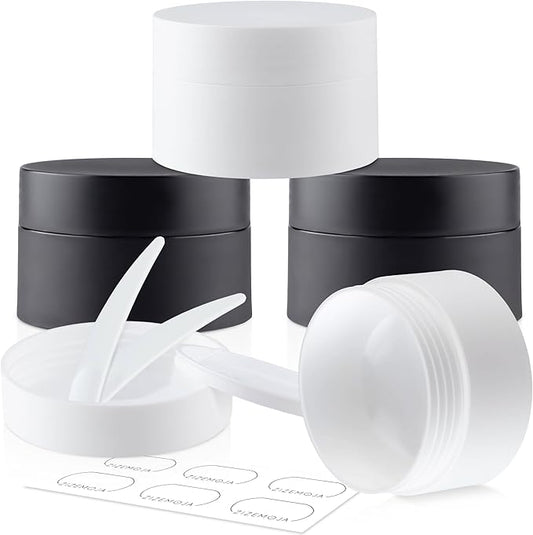Travel Containers for Creams, Plastic Refillable Mini Lotion Jars with Lids for Toiletries, Leak Proof Small Travel Cream Jars for Face Cosmetic Makeup Beauty Products Sample (50g, 4Pack, Black White)