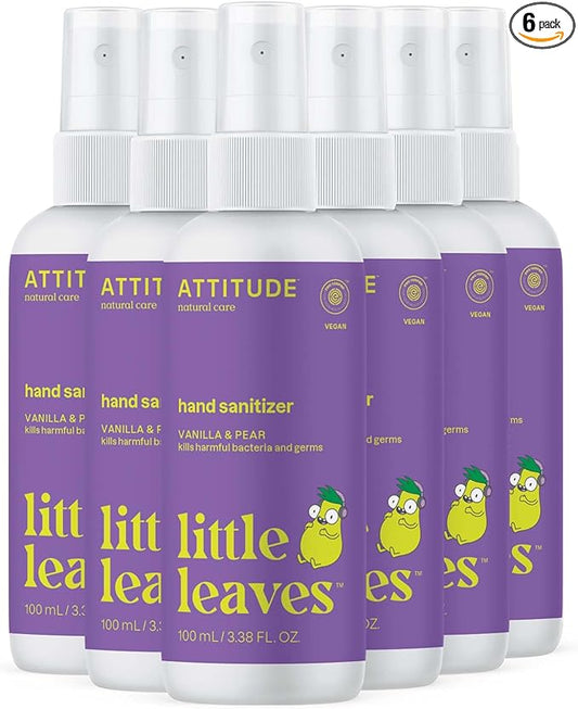 ATTITUDE Hand Sanitizer Spray for Kids & Adults, EWG Verified, Travel Size, Dermatologically Tested, Plant and Mineral Based, Vegan, Vanilla & Pear, 3.5 Fl Oz (Pack of 6) (Spray Bottle)