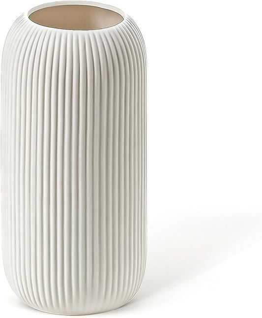 Bohemian White Ceramic Vase - for Pampas Grass, Mantel, Bookshelf, Entryway and Living Room Decor (White, 8in-Pill)
