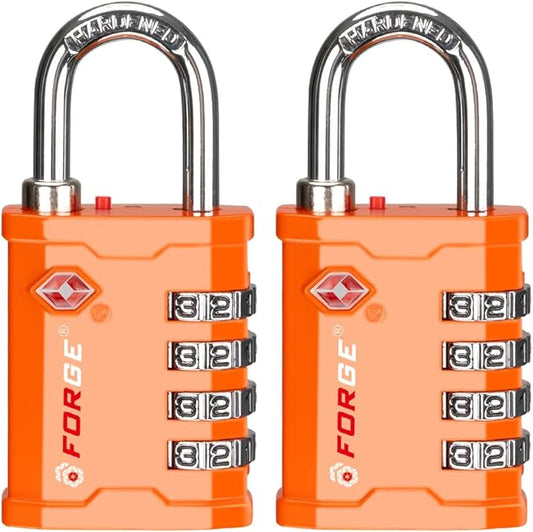 FORGE 4-Digit TSA Approved Travel Locks – TSA008 Key System, Key Duplication Impossible, Heavy-Duty Combination Padlock for Travel, Gym, Pelican Case. Orange 2 Locks.