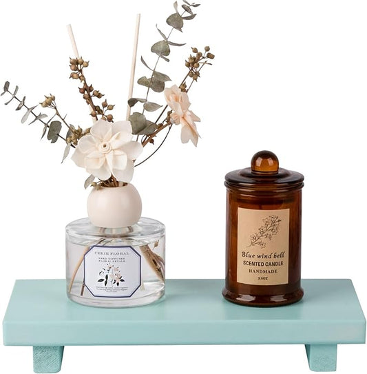 zoocatia Small Wood Tray Pedestal Stand Farmhouse Bathroom Decor Decorative Wooden Riser Kitchen Soap Dish Holder for Vanity, Counter, Sink, 10" x 4.5" - Light Blue