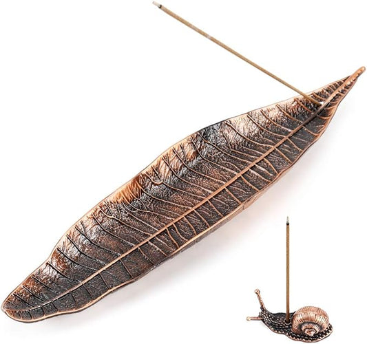Accmor Incense Holder Set, Leaf and Snail Incense Burner, Incense Ash Catcher, Incense Sticks Holder for Counters, Meditation Room, Yoga, Home, Office, Red Copper