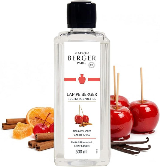 MAISON BERGER Candy Apple Lampe Berger Refill, 500 ml (16.9 fl oz), Odor-Neutralizing Home Fragrance Oil Lamps, Red Apple, Pear in Syrup, Candied Fruit, Cinnamon, Made in France