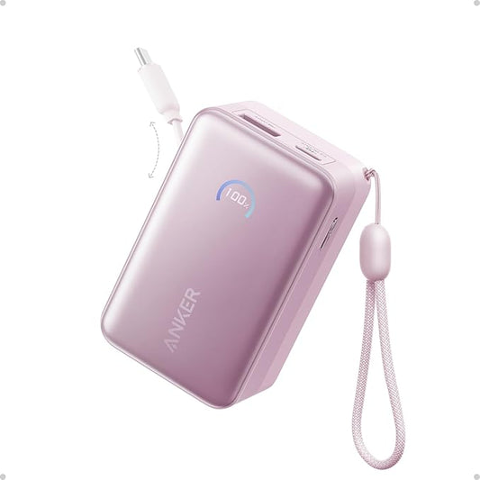 Anker Nano Portable Charger, 10,000mAh 45W Max Compact Power Bank, Travel Essential Phone Battery Pack with 2.3 ft InstaCord Retractable Cable for iPhone 17/16 Series, iPad, Galaxy, and More (Pink)