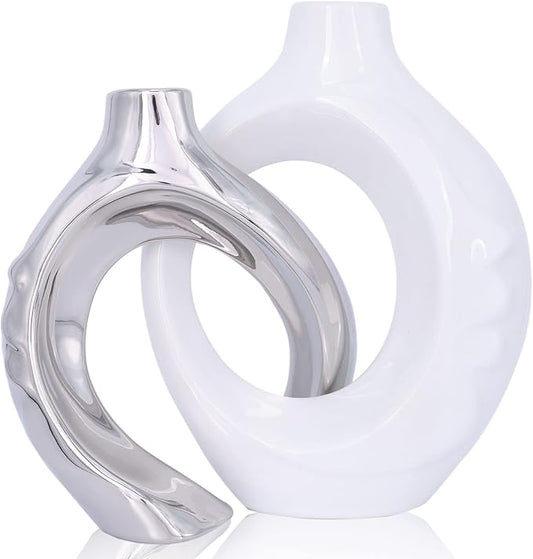 White Ceramic Vase Set of 2, White and Silver Round Donut Ceramic Decorative Vase for Living Room Decor, Bookshelf, Mantel, Dining Table Centerpiece Decor (White Silver)