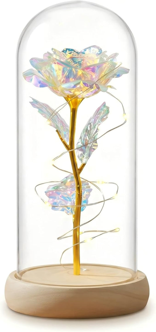 Preserved Fresh Flower in Glass Dome with LED Lights, Gold Stem Rose with Wooden Base, Romantic Home Decor Gift for Valentine's Day (A golden rose as a gift for mom or your lover)