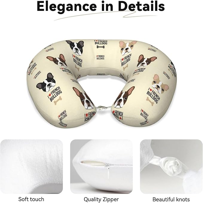 Comfortable Memory Foam Travel Neck Pillow, Funny Chin/Head Cushion Supporting Airplane Car Pillows I Love French Bulldog for Sleeping Outdoors Travel Office