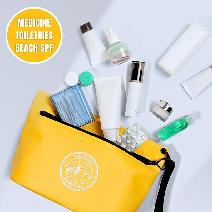 3-Pack Tactiko 3L Water Resistant Pouches - Waterproof Material w/Splashproof Zipper - Hold All Zipper Bags for Storage, Toiletries,Travel, Beach, Cruise, Home (3, Yellow/Red/Gray)