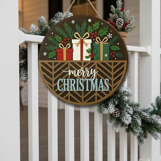 Merry Christmas Round Wooden Door Sign, Holiday Entry Wall Hanging, Charming Winter Porch Decoration, Warm Seasonal Home Accent Display, Perfect For Families And Friends Doorsign_281125_SR6_14