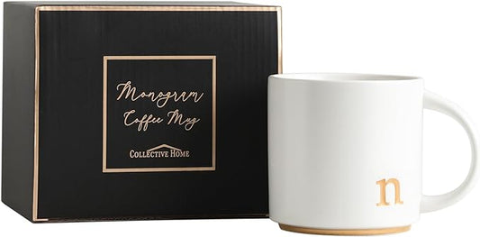 COLLECTIVE HOME - Monogram Ceramic Mugs, 15 oz Golden Initial Coffee Cups, Elegant Alphabet Tea Mugs, Elegant Personalized Mug with Gift Box, Luxurious Cups for Office and Home (n)