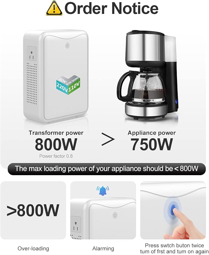 220v to 110v Step Down Transformer 1000W Power Voltage Converters, No Noise, Suit for Coffee Machines, Rice Cookers and Other Kitchen Appliances，Using US and Japan Appliance in Asia or Europe