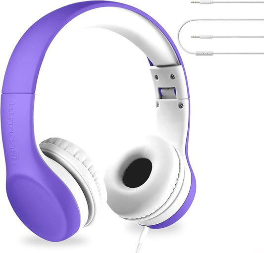 LilGadgets Connect+ Foldable Headphones, Adjustable Fit Soft Touch Padding for Kids with Mic, Volume-Limited & Noise Reduction On-Ear Wired Headset for School with SharePort - Purple, Ages 3-14