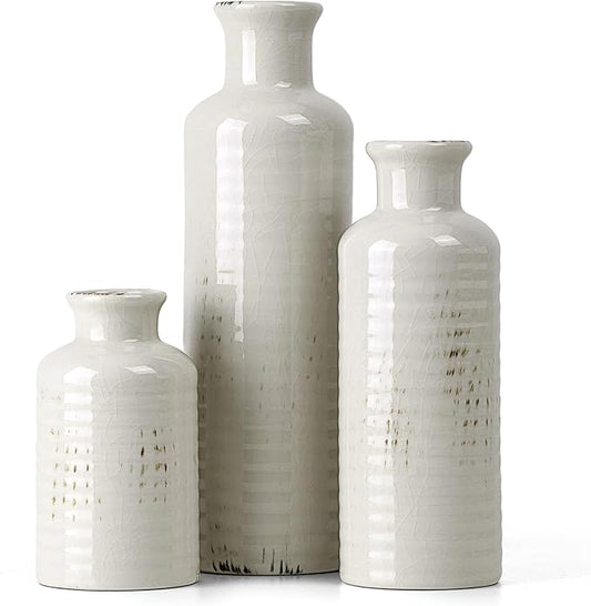 White Ceramic Vase Set of 3, Rustic Vase for Farmhouse Shelves, Ocean Beach Style, Mantle, Fireplace, Coffee Table, Shelf for Living Room