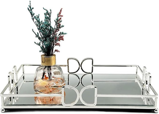 Decorative Tray, Bright Silver, Modern Premium Feeling Perfume Tray, Luxury Rust-Proof Glass Tray for Bathroom, Dresser, Bedroom