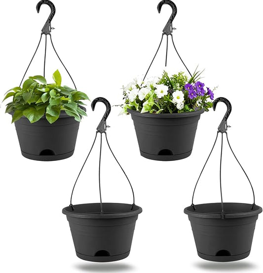 4 Pack Hanging Planters, 10 Inch Hanging Plant Pot with Hanger Chain & Drainage Trays, Hanging Baskets for Plants Outdoor Indoor, Flowers Pots for Home, Garden, Porch Decor (Black)