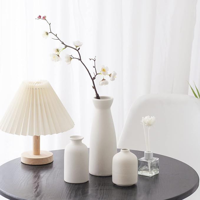 CEMABT White Ceramic vase Set-3 Small Flower vases for Decor,Modern Boho Farmhouse Home Decor,Decorative vase for Pampas Grass&Dried Flowers,idea Shelf,Table,Bookshelf ，Entryway- Distressed