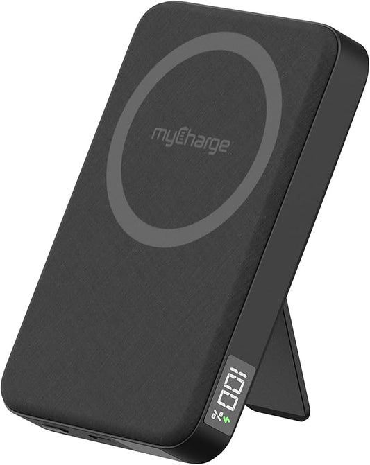 myCharge CliqLuxe Magnetic Wireless Power Bank 10,000mAh | iPhone & MagSafe Compatible | Qi2.2 25W Mag Safe Portable Charger | Built-in Stand | 20W PD USB-C Port | Premium Black Fabric