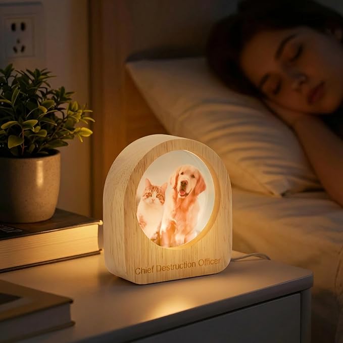 Custom 3D Crystal Photo Night Light Personalized Photo Crystal Ball Engraved Picture Lamp with Wood Base Memorial Gift for Pets Family Couple Birthday Valentine's Day (Style 4)