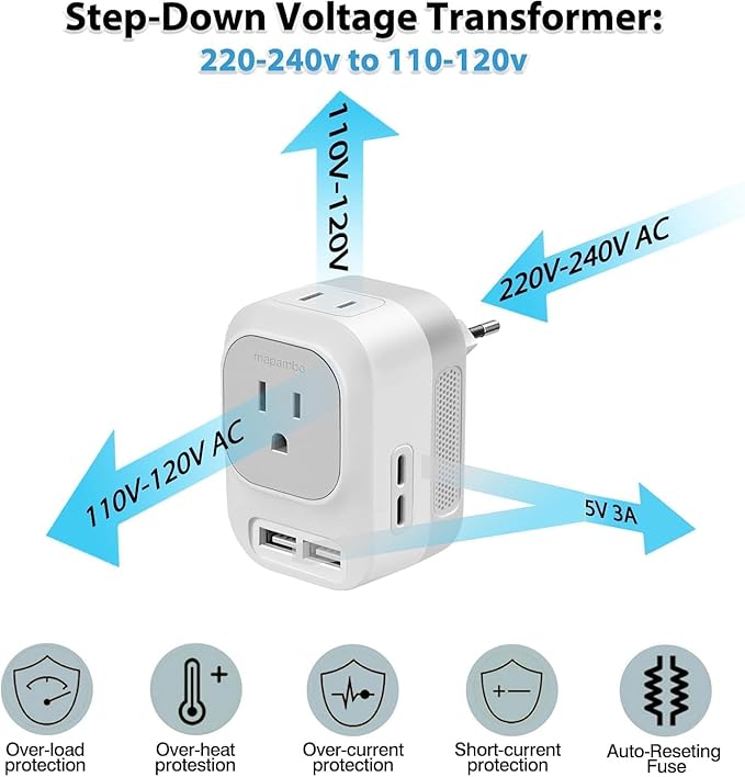 Mapambo 220V to 110V Voltage Converter US to Europe with 2 USB Port 2 USB C Fast Charging,Converter for European Travel Power Converter Adapter Combo for Germany France Italy Spain (Grey)