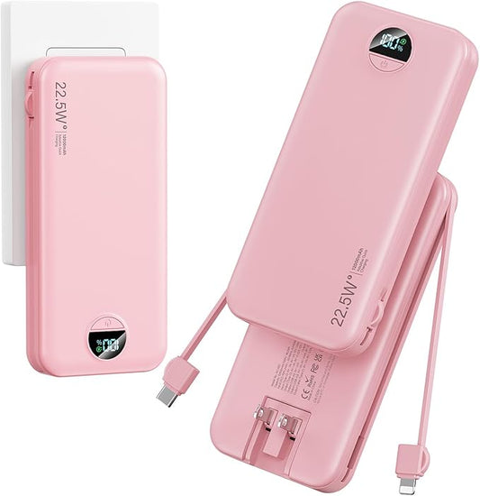 Ultra-Portable-Charger-Power-Bank with Built in Cables&AC Wall Plug,12000mAh PD20W USB-C Fast Charging Cell Phone Charger Battery Pack,LED Display Travel Battery Bank for All iPhone,Samsung,Android