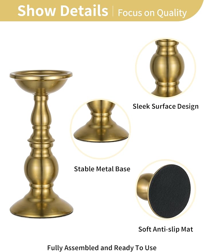 NUPTIO Gold Candle Holder for Table: Brass Pillar Candle Stand Decorative for Fireplace Decor - Metal Vintage Candleholder for Christmas New Year Party Centerpiece(2 x S)