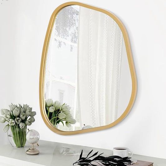 Gold Asymmetrical Mirror Large 20"x16" Irregular Oval Wall Mirror Modern Wood Frame Unique Shape Wall Mounted Vanity Artistic Mirror Decorative for Living Room Bedroom Bathroom Entryway