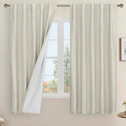 LAMIT 100% Blackout Linen Curtains, 63 Inches Linen Textured Thermal Bedroom Curtains Back Tab and Rod Pocket Neutral Panels with White Liner for Short Windows, 2 Panels, Stone, 42 x 63 Inch