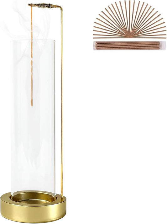 Incense Holder for Sticks, Anti-Ash Flying Incense Burner with 30 Incense Sticks, Detachable Glass Ash Catcher (Stainless Steel, Gold)