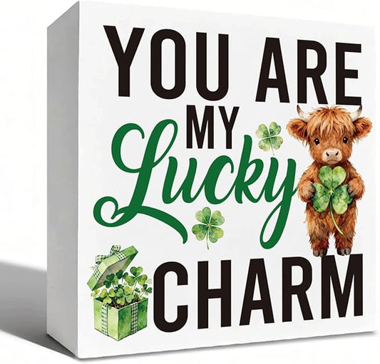 St Patrick Decor Lucky Charm Wooden Box Sign, You Are My Lucky Charm Irish Quote Tabletop Decor with Shamrock Accent, Cute Farmhouse Shelf Desk Holiday Decorative Gift for Loved Ones 5 x 5 Inches