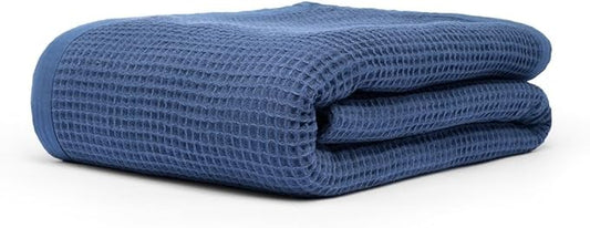 GOTS Certified Organic Cotton Waffle Weave Blanket, Twin Bed Size, 66"X90"Cozy Throw Blanket for Couch, Modern Home Decor, Throw Blankets,Comfy Waffle Blanket Soft Bed Blankets -Navy Blue