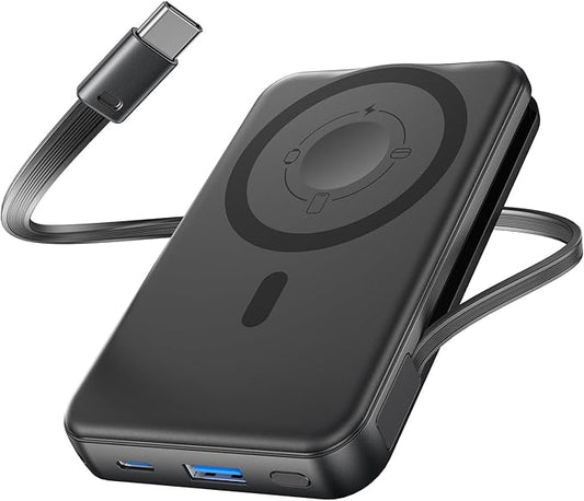 Hiluckey 10000mAh Magnetic Power Bank with Built in 20W USB C Cable, Ultra Slim 15W Fast Charging Wireless Portable Charger for iPhone 17/16/15/14/13/12 Pro/Pro Max Apple Watch, Travel Battery Pack