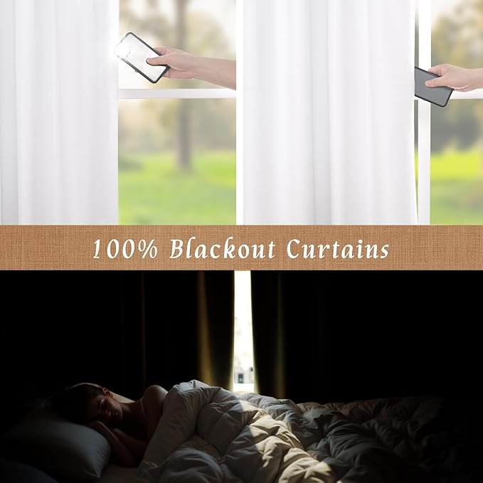 LAMIT 100% Blackout Linen Curtains 54 Inch Length, Linen Textured Thermal Curtains Back Tab and Rod Pocket Neutral Panels with White Liner for Small Window, 2 Panels, 42 x 54 Inch, White