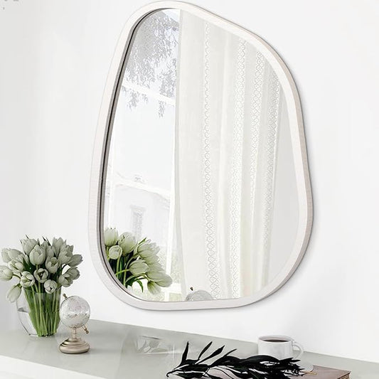 Irregular Wooden Framed Wall Mirror Modern Asymmetrical Unique Hanging Mirror Artistic Boho Mirror Decor Bathroom Vanity Bedroom Living Room Entryway Hallway 14'' x 10''