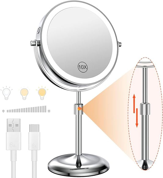 Benbilry Lighted Makeup Mirror with Magnification 10X & 3 Color Lights, Adjustable Brightness & Height, 7 Inch 360° Swivel Rechargeable LED Magnifying Make Up Vanity Mirror with Lighting (Silver)