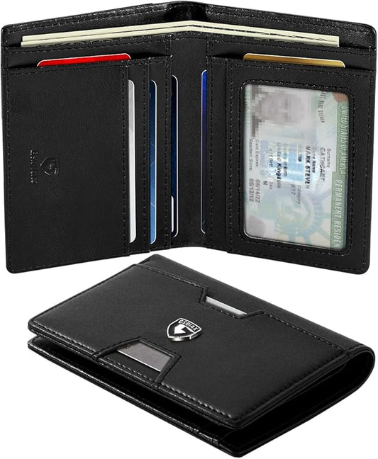 GSOIAX Wallet for Men Slim RFID Blocking Front Pocket Bifold Wallet Leather Money Clip 10-12 Cards Mens Wallet with ID Window Thin Minimalist Credit Card Holder Birthday Gifts for Men Leather-Black