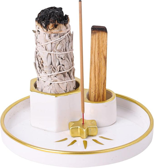 Ceramic Incense Holder, 4-in-1 Sage Palo Santo Burner with Ash Catcher Tray, Smudge Dish for Meditation Yoga, Modern Home Decor & Gift